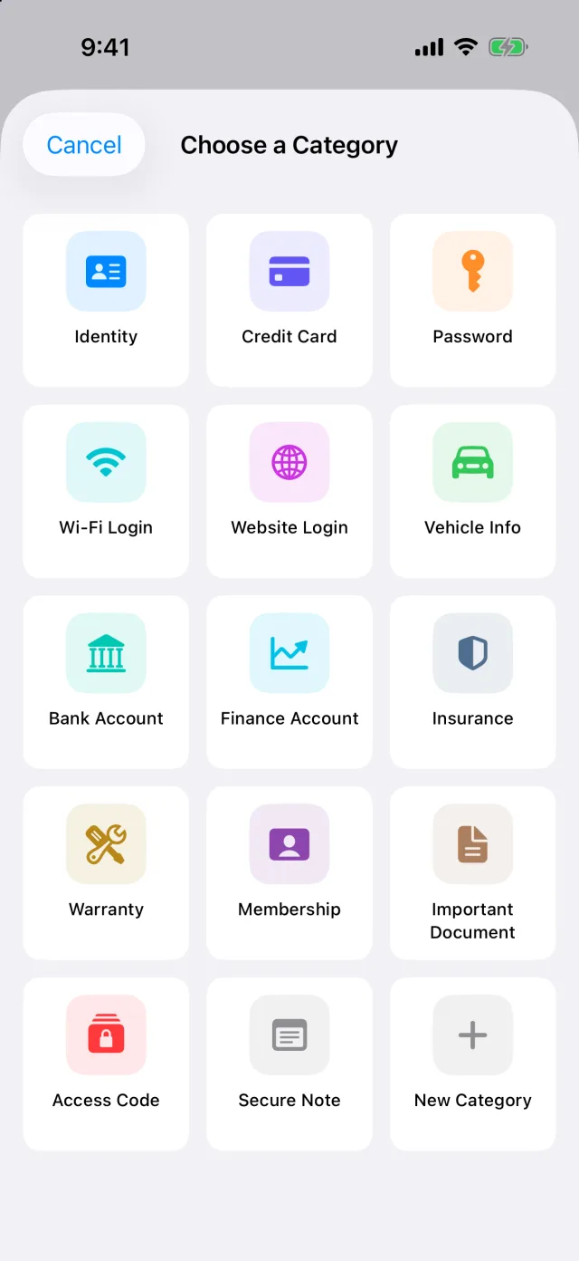 The category picker for a new item, showing Identity, Credit Card, Password, Bank Account, Insurance, Warranty, Membership, Important Document, Access Code and more.