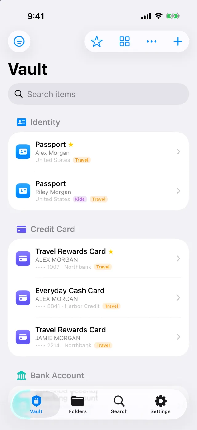The Digicove vault list, grouped into Identity and Credit Card, showing two passports and three cards labeled with the person each belongs to.